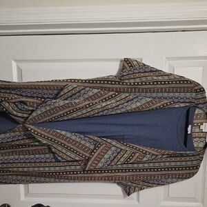 LuLaRoe Blue Dress With Multicolor Striped Kimono